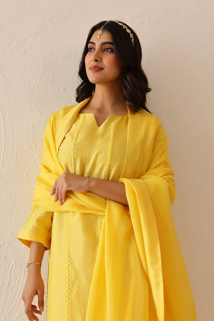 <img> Light Lemon Yellow Russian Silk Solid Kurti Set