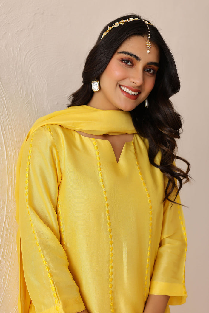 <img> Light Lemon Yellow Russian Silk Solid Kurti Set