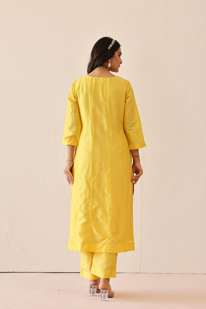 <img> Light Lemon Yellow Russian Silk Solid Kurti Set