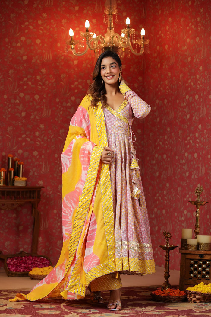 <img> Light Lilac Cotton Floral Printed Anarkali Set