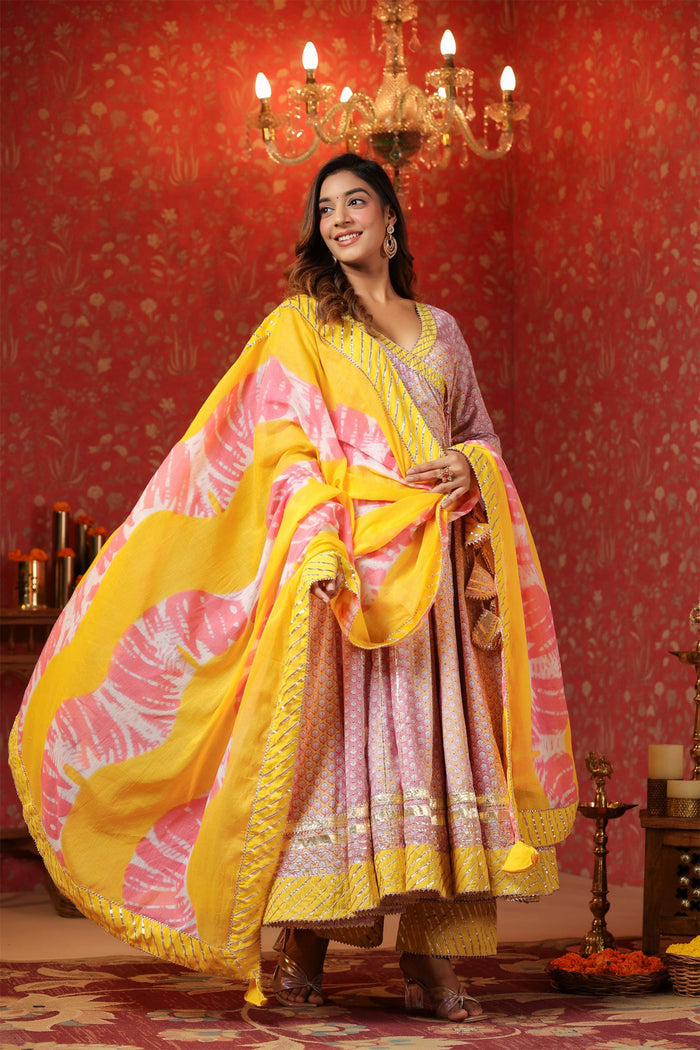 <img> Light Lilac Cotton Floral Printed Anarkali Set
