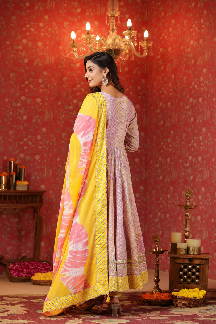 <img> Light Lilac Cotton Floral Printed Anarkali Set