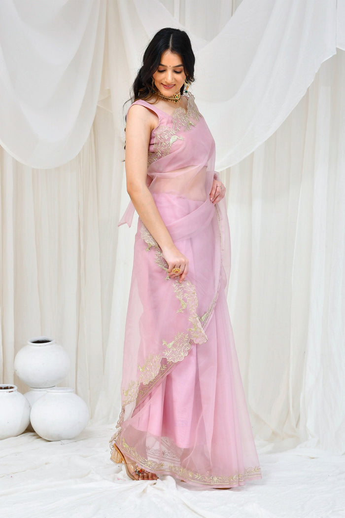 <img> Light Lilac Organza Saree With Aari Embroidery