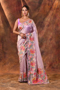 Light Mauve Floral Embroidered Tissue Silk Saree