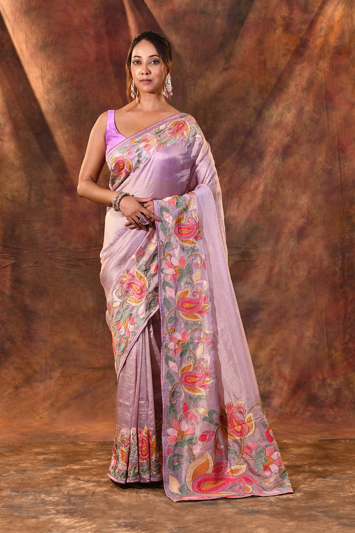 Light Mauve Floral Embroidered Tissue Silk Saree