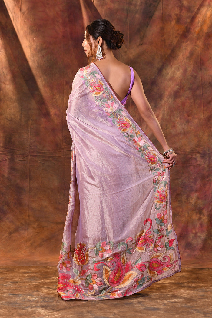 Light Mauve Floral Embroidered Tissue Silk Saree
