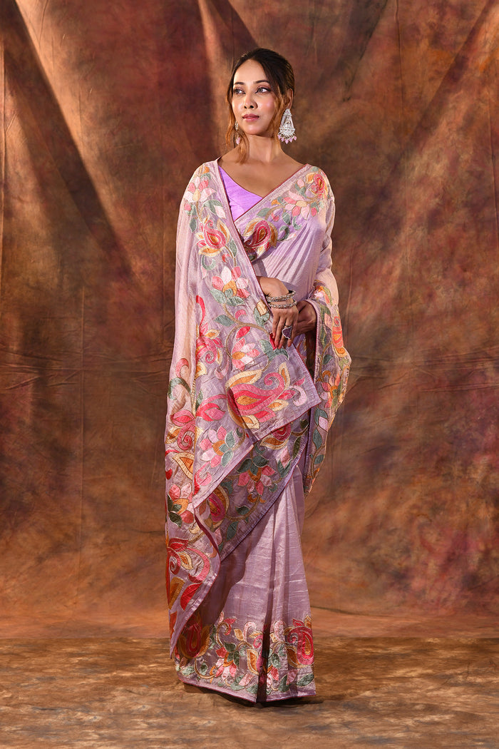 Light Mauve Floral Embroidered Tissue Silk Saree