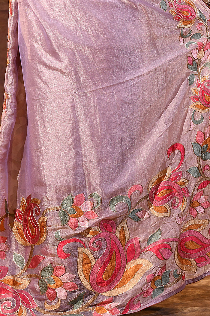 Light Mauve Floral Embroidered Tissue Silk Saree