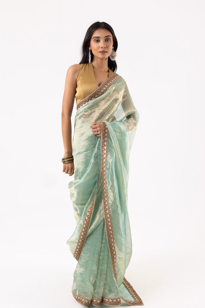 Light Mint Blue Silk Tissue Saree With Fancy Border
