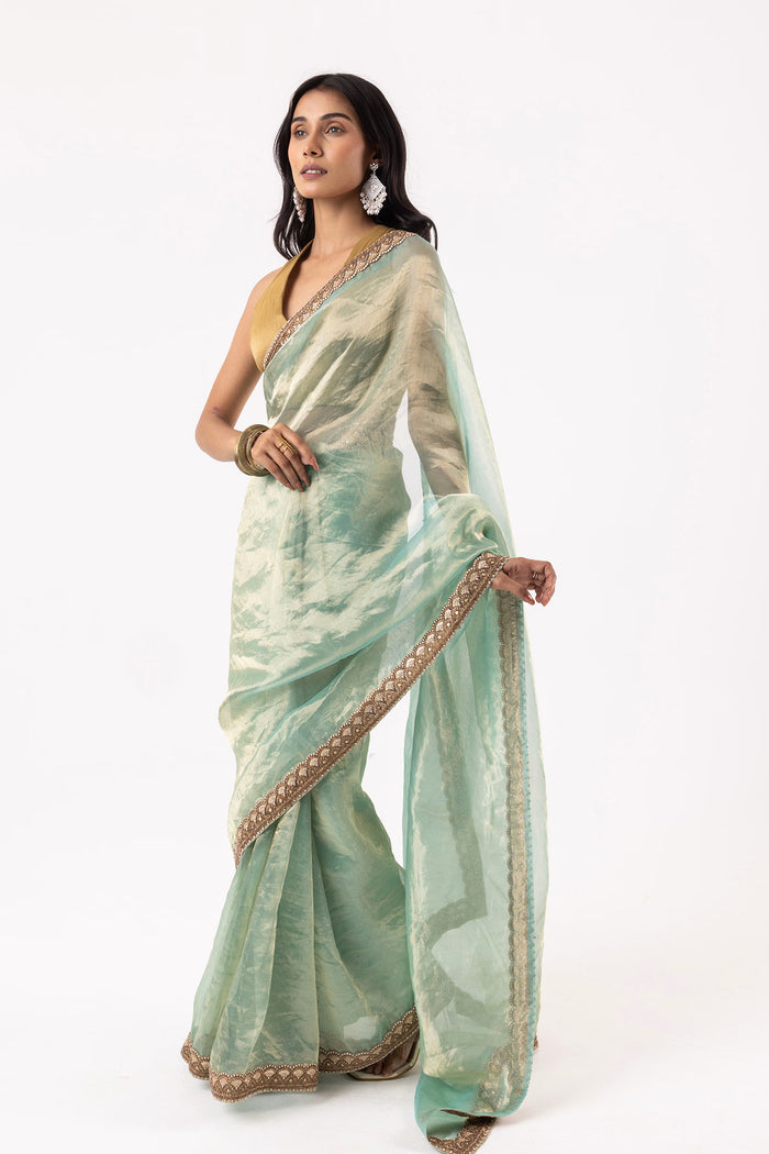 Light Mint Blue Silk Tissue Saree With Fancy Border