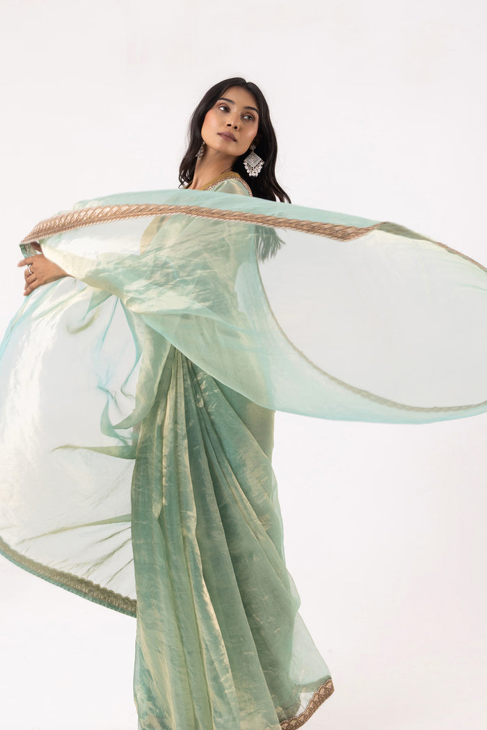 Light Mint Blue Silk Tissue Saree With Fancy Border