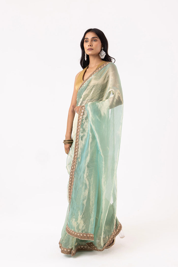 Light Mint Blue Silk Tissue Saree With Fancy Border