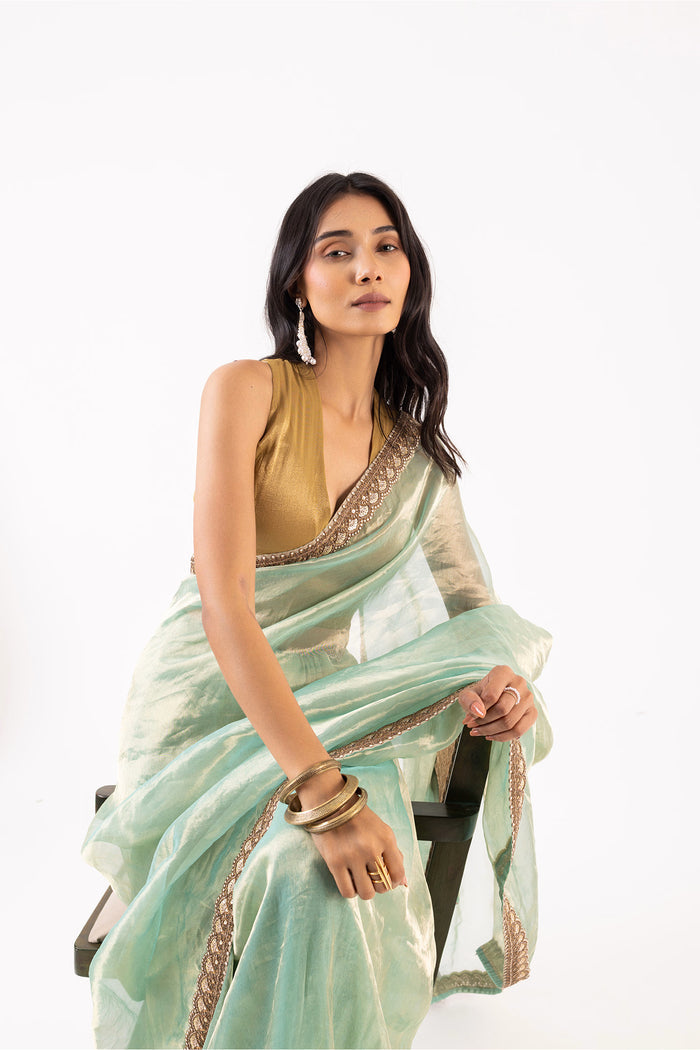 Light Mint Blue Silk Tissue Saree With Fancy Border