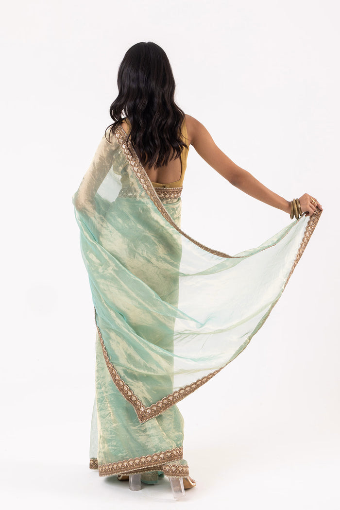 Light Mint Blue Silk Tissue Saree With Fancy Border