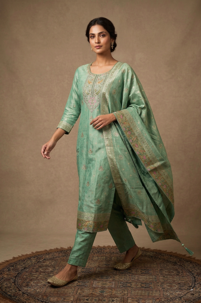 Light Mint Green Tissue Silk Kurta Set