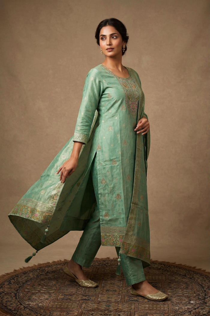 Light Mint Green Tissue Silk Kurta Set