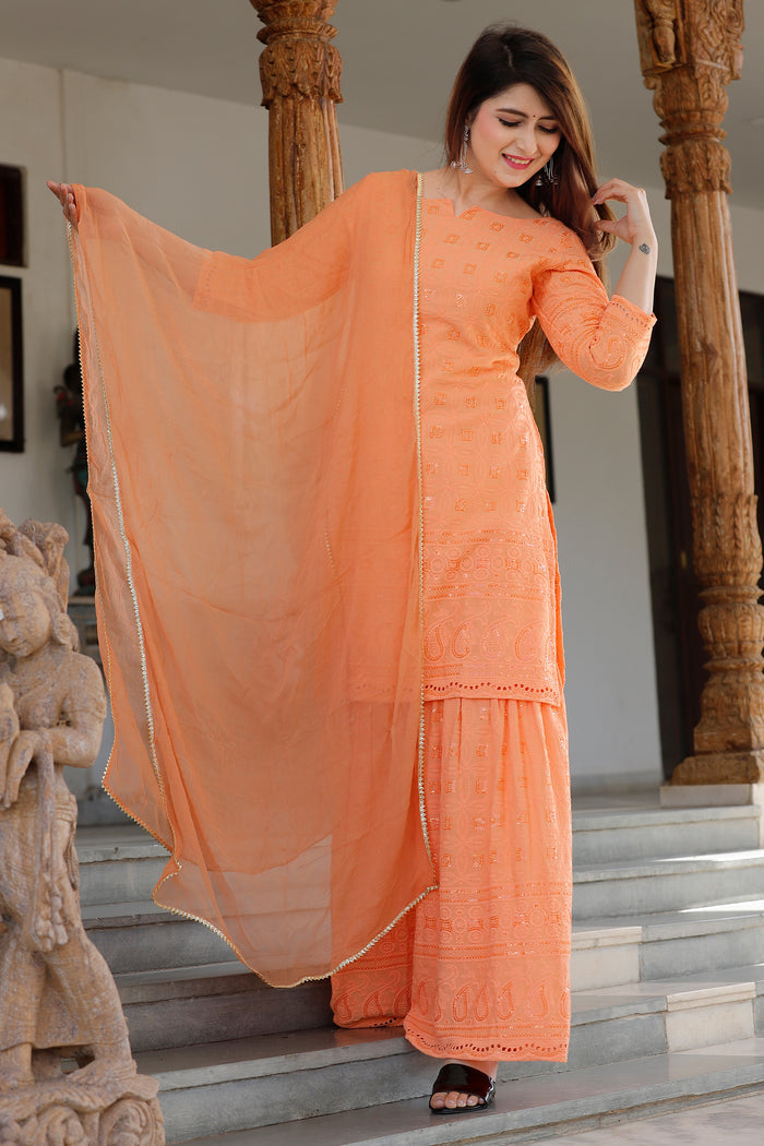 Light Orange Rayon Kurti Set With Dupatta