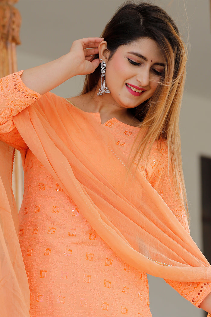 Light Orange Rayon Kurti Set With Dupatta