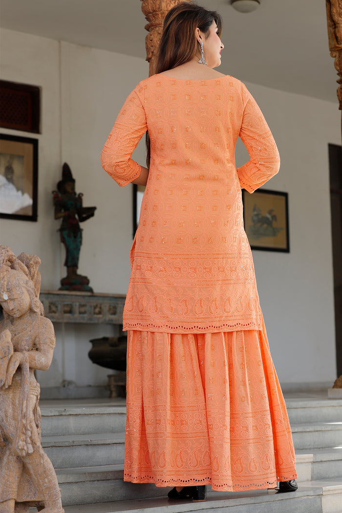 Light Orange Rayon Kurti Set With Dupatta