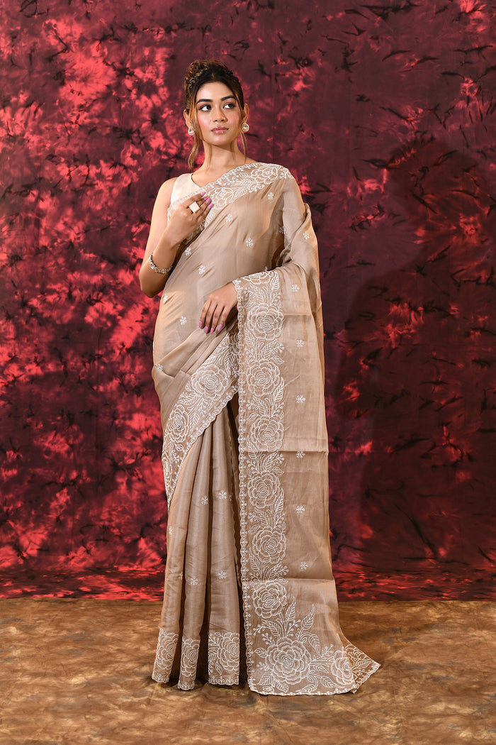 Light Pastel Brown Floral Silk Blend Saree