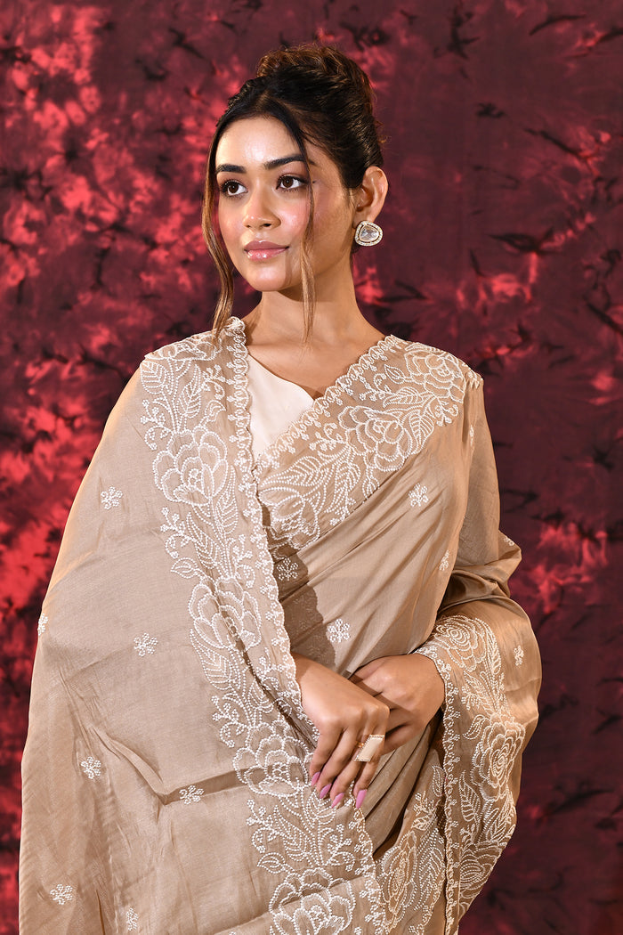Light Pastel Brown Floral Silk Blend Saree