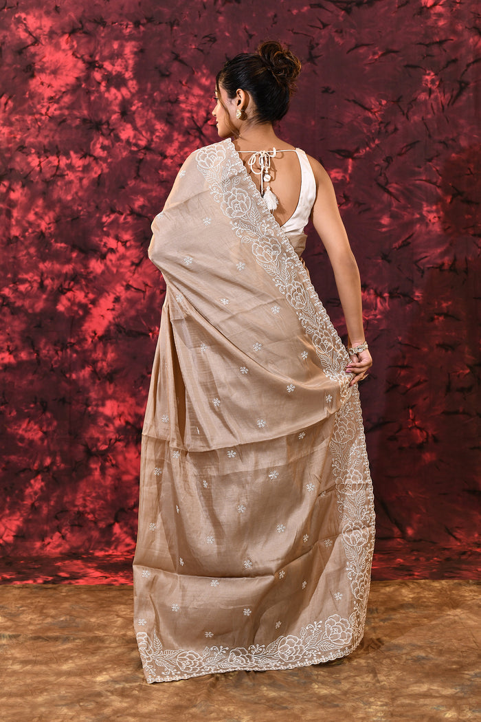 Light Pastel Brown Floral Silk Blend Saree