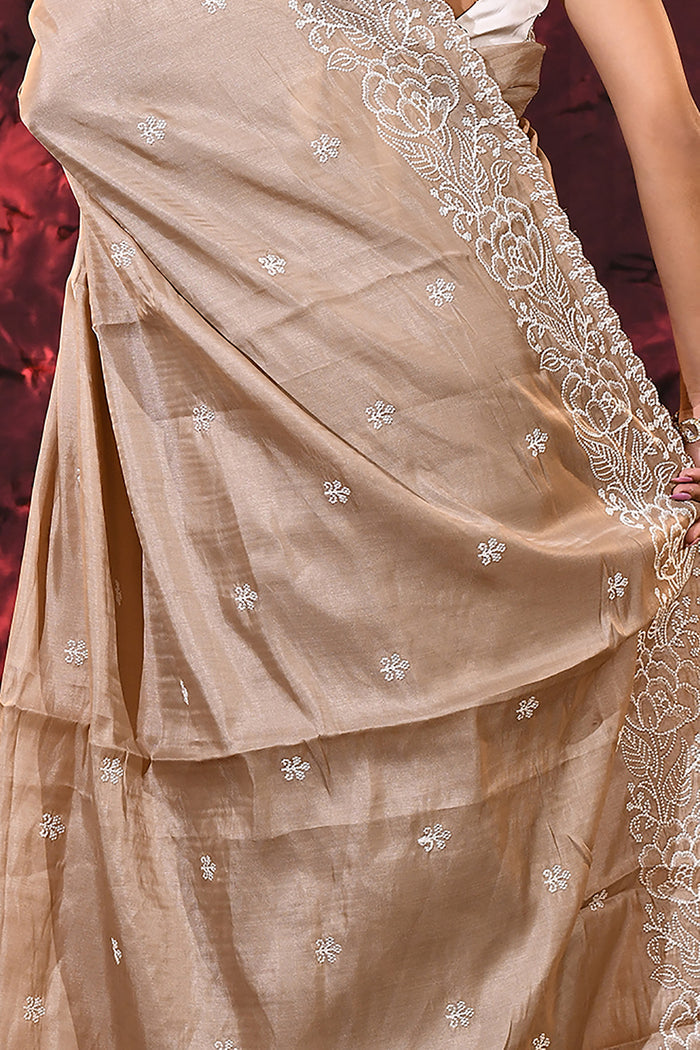 Light Pastel Brown Floral Silk Blend Saree