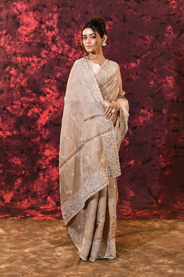 Light Pastel Brown Floral Silk Blend Saree