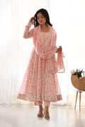 Light Peach Organza Floral Printed Anarkali Set
