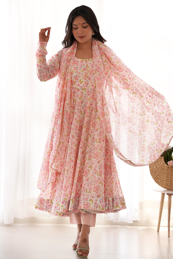 Light Peach Organza Floral Printed Anarkali Set