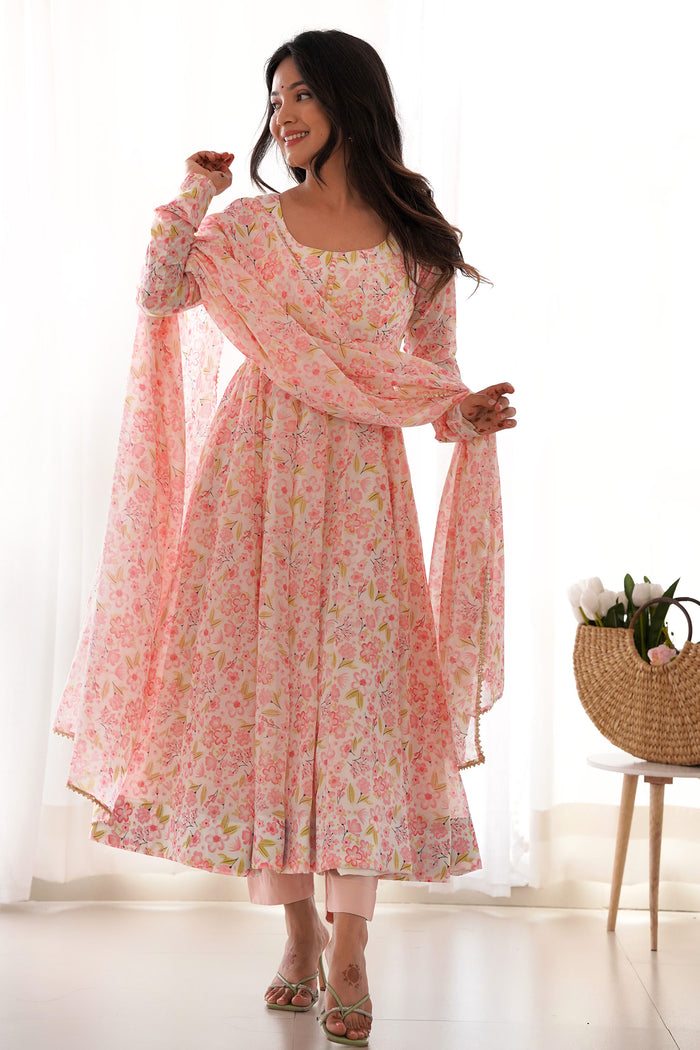 Light Peach Organza Floral Printed Anarkali Set
