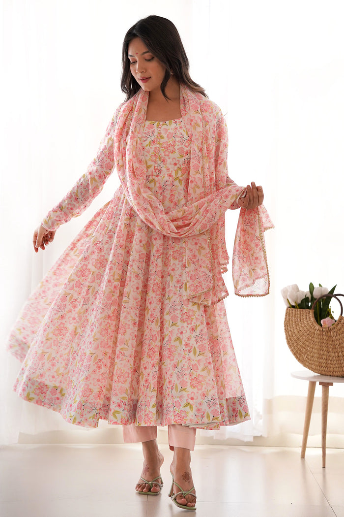 Light Peach Organza Floral Printed Anarkali Set