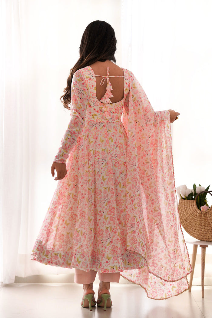 Light Peach Organza Floral Printed Anarkali Set