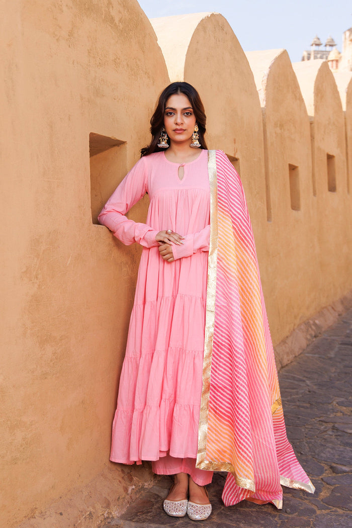 <img> Light Pink Cotton Anarkali Set