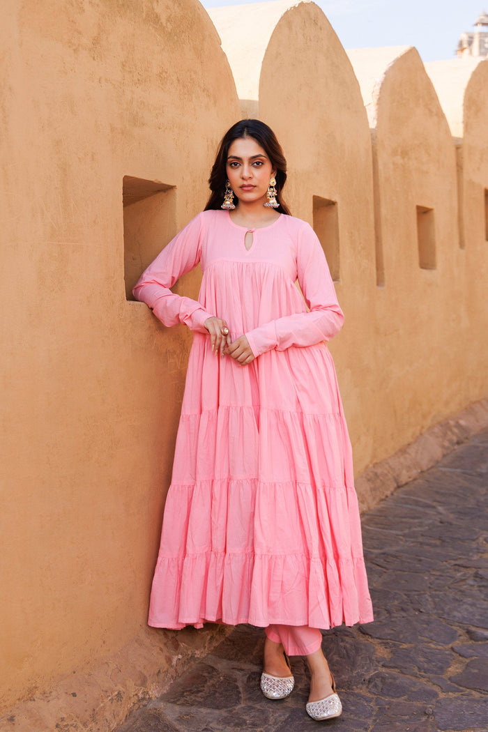 <img> Light Pink Cotton Anarkali Set