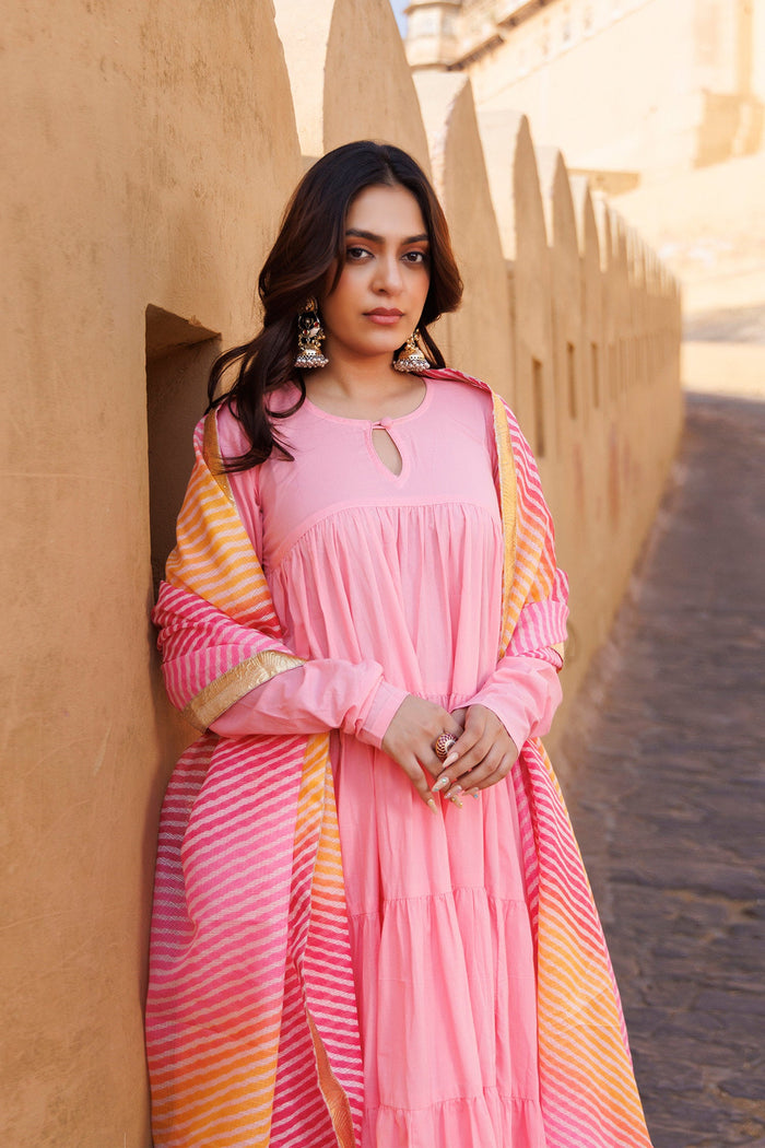 <img> Light Pink Cotton Anarkali Set