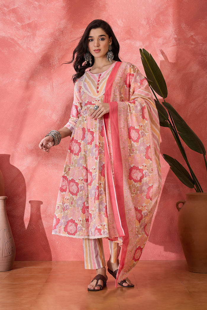Light Pink Cotton Floral Printed Kurta Set