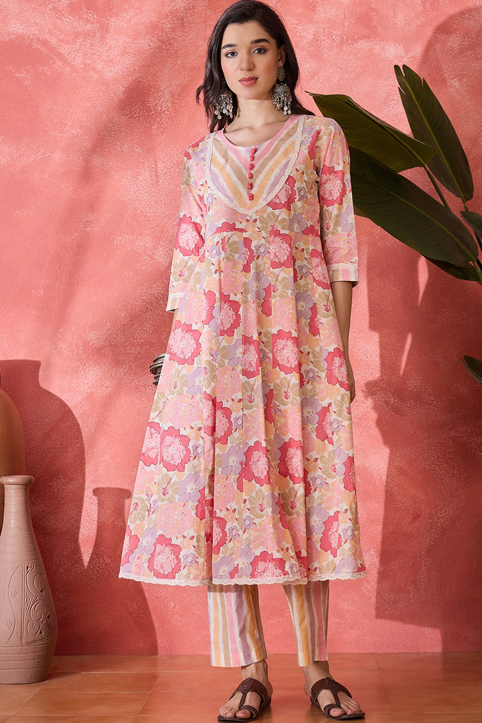 Light Pink Cotton Floral Printed Kurta Set