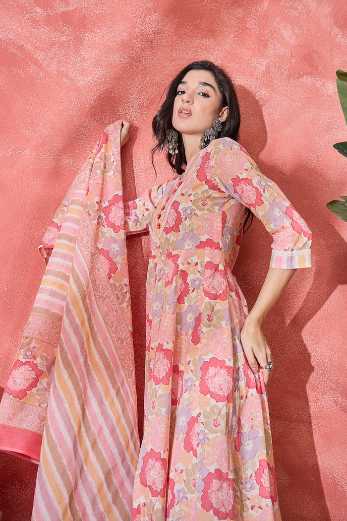Light Pink Cotton Floral Printed Kurta Set