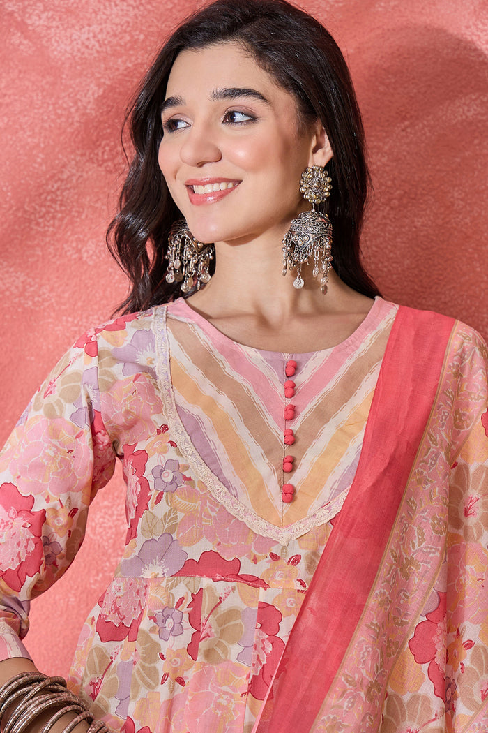 Light Pink Cotton Floral Printed Kurta Set