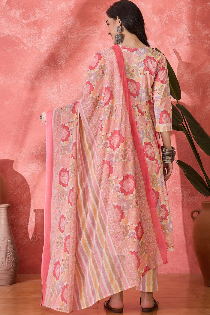 Light Pink Cotton Floral Printed Kurta Set