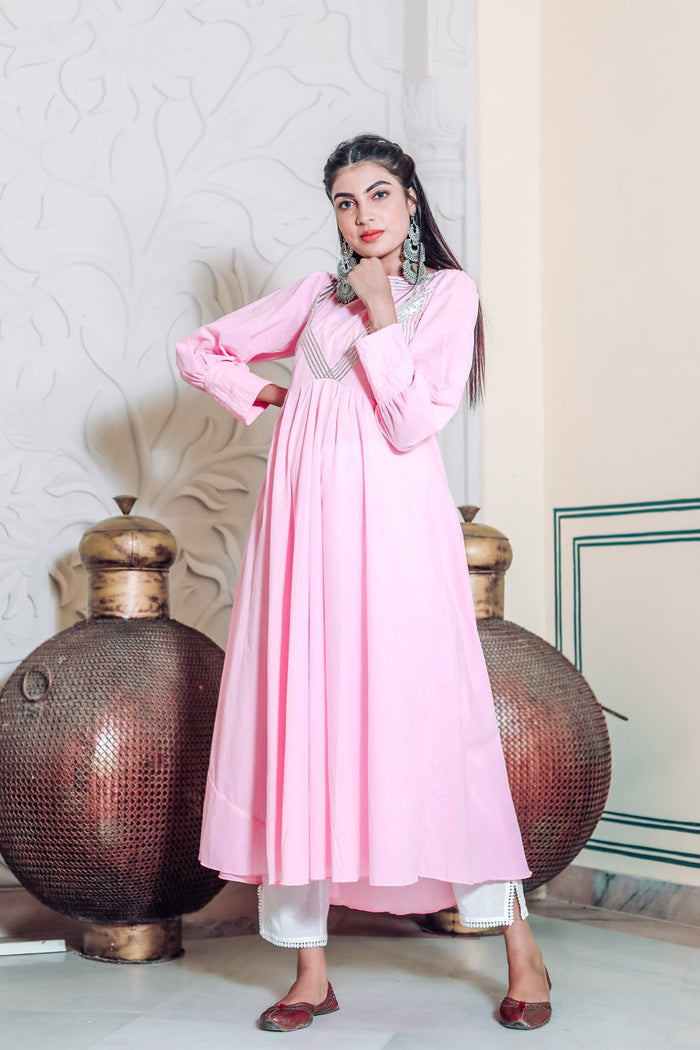 <img> Light Pink Cotton Rayon Anarkali Set