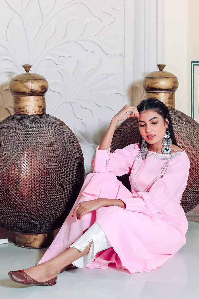 <img> Light Pink Cotton Rayon Anarkali Set