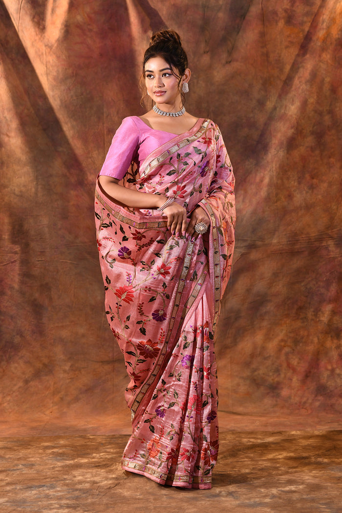 Light Pink Embroidered Tissue Silk Saree