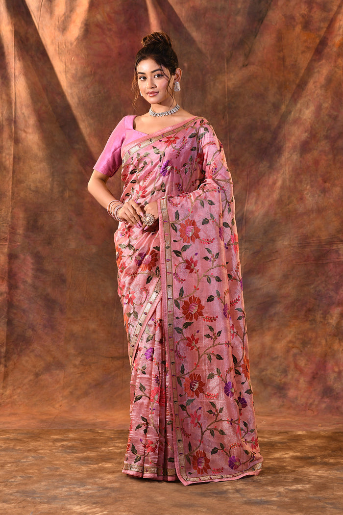 Light Pink Embroidered Tissue Silk Saree