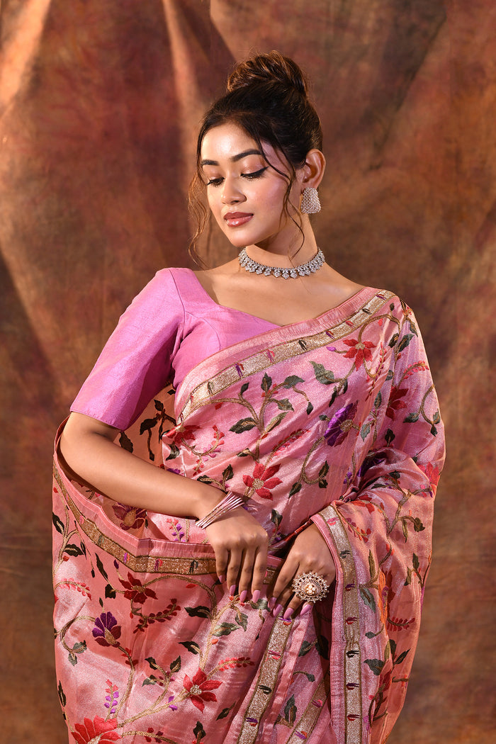 Light Pink Embroidered Tissue Silk Saree