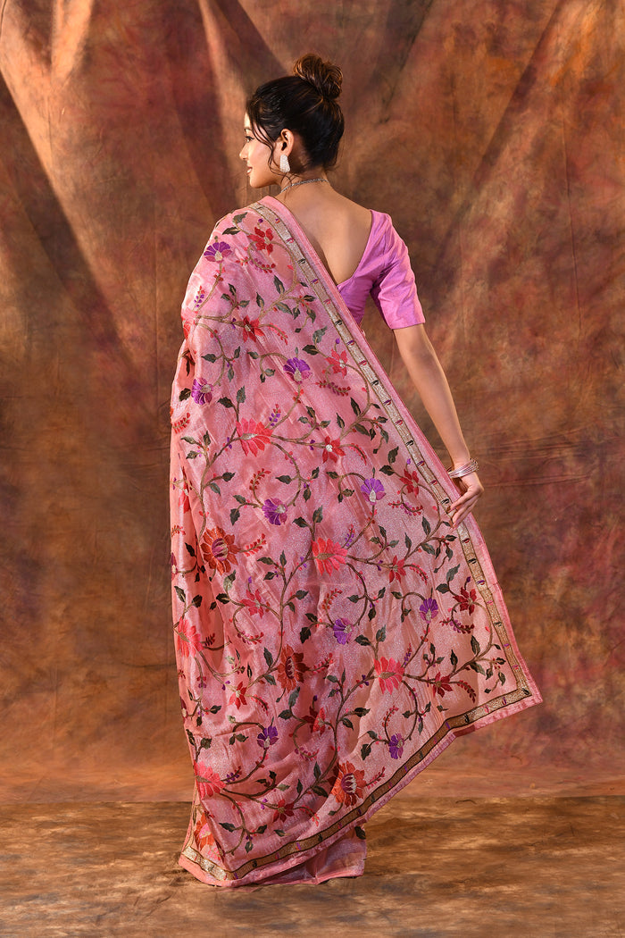 Light Pink Embroidered Tissue Silk Saree