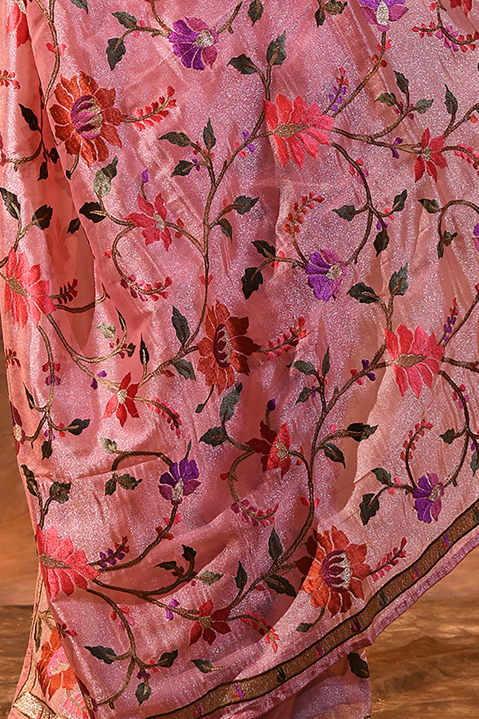 Light Pink Embroidered Tissue Silk Saree