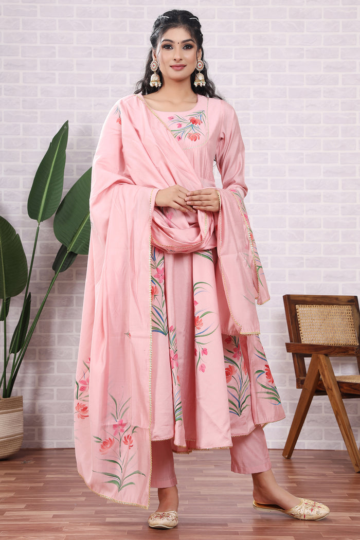 Light Pink Hand Painted Modal Silk Kurta Set