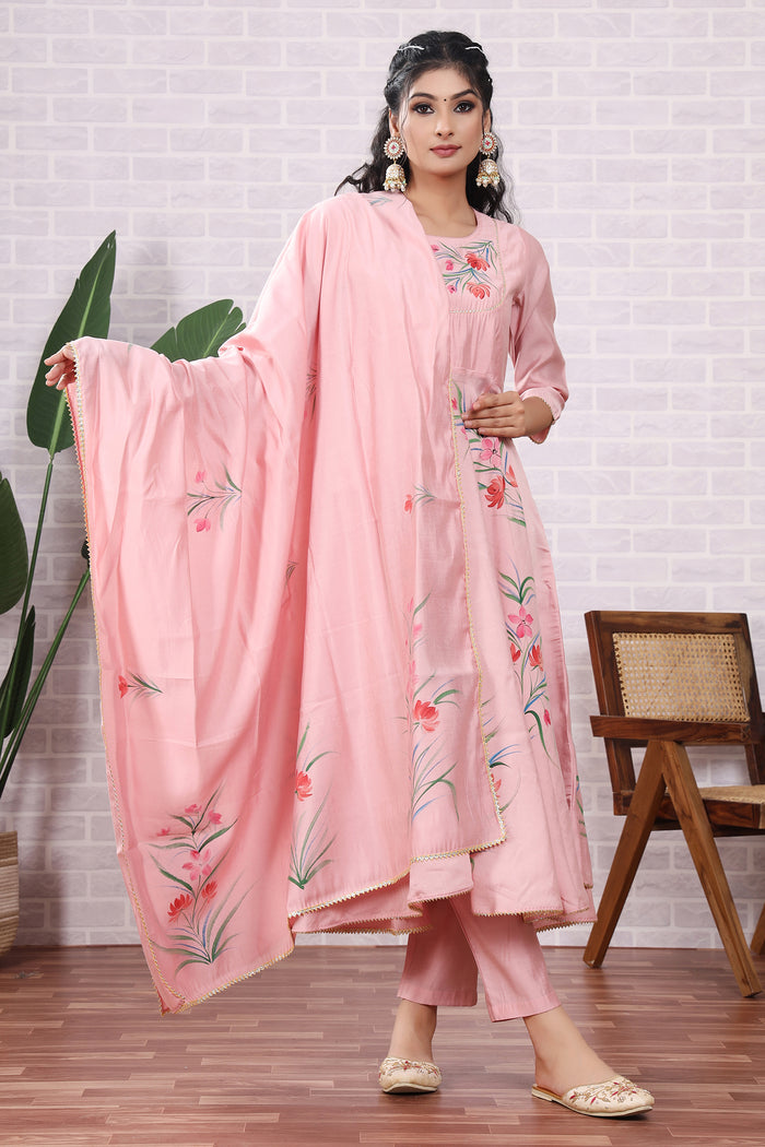 Light Pink Hand Painted Modal Silk Kurta Set
